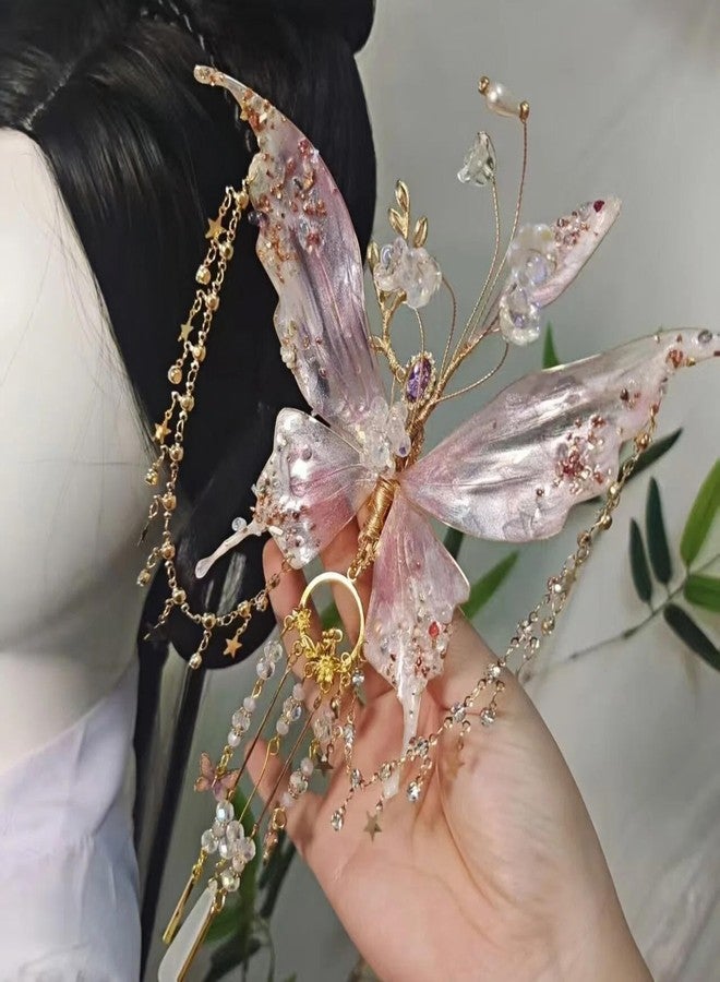 Treayes Fairy Butterfly Hair Clip - Pink Butterfly Wings Hair Accessories with Tassel Elven Hair Clamp Elf Claw Clip for Photoshoot Prom Wedding Fantasy Costume Cosplay,Lightweight and Durable - Image 1